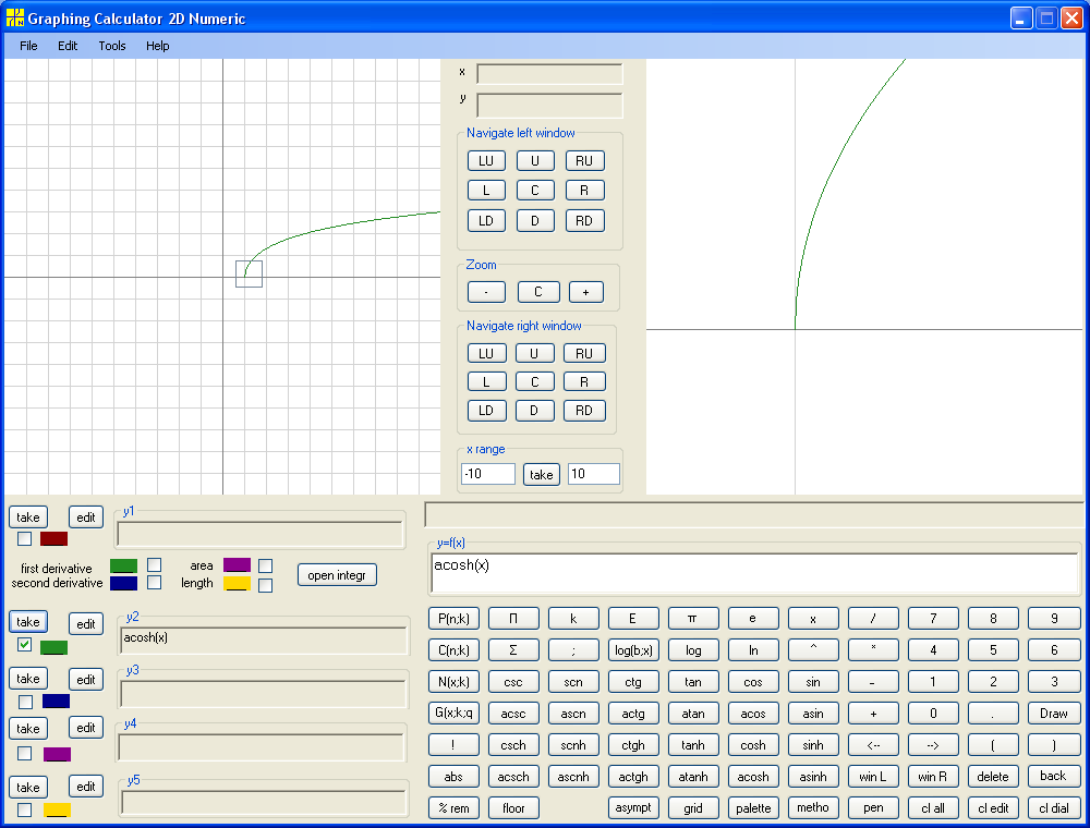 y = acosh(x)