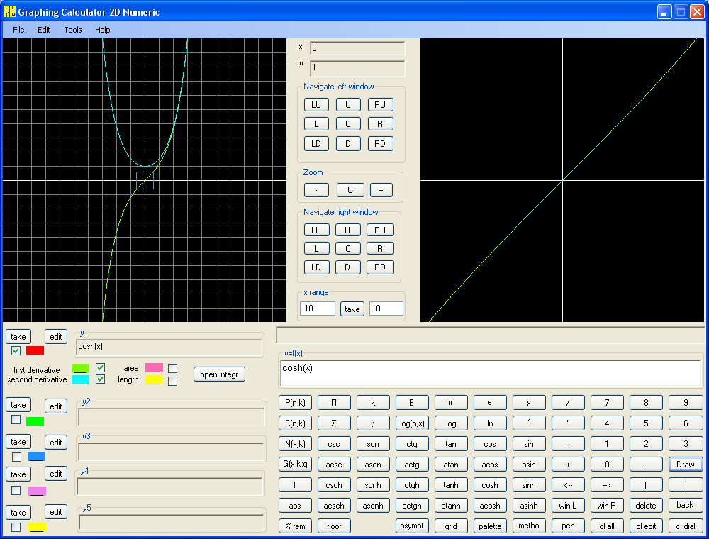 y = cosh( with first and second derivative