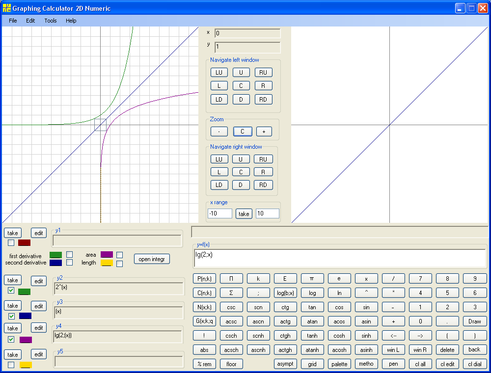 y = 2^x and y = log( x) base 2