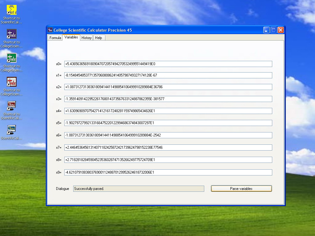 College Scientific Calculator variables page