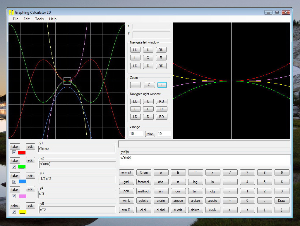 Graphing Calculator 2D with graphs of x*sin(x), -x*sin(x), -1/2-x^2, x^3, -x^3