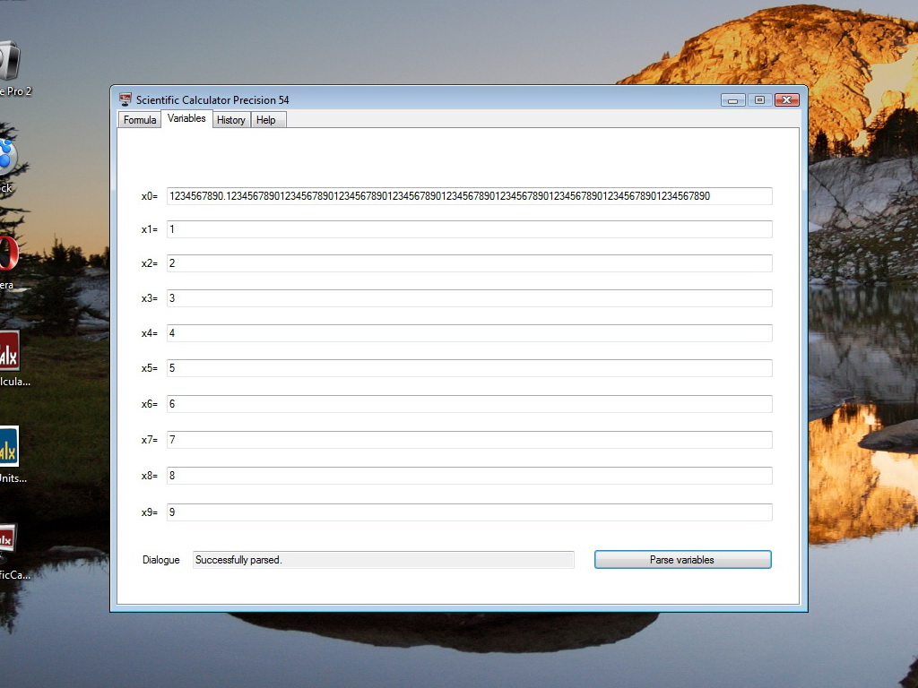 Scientific Calculator Precision 54 Variables tab